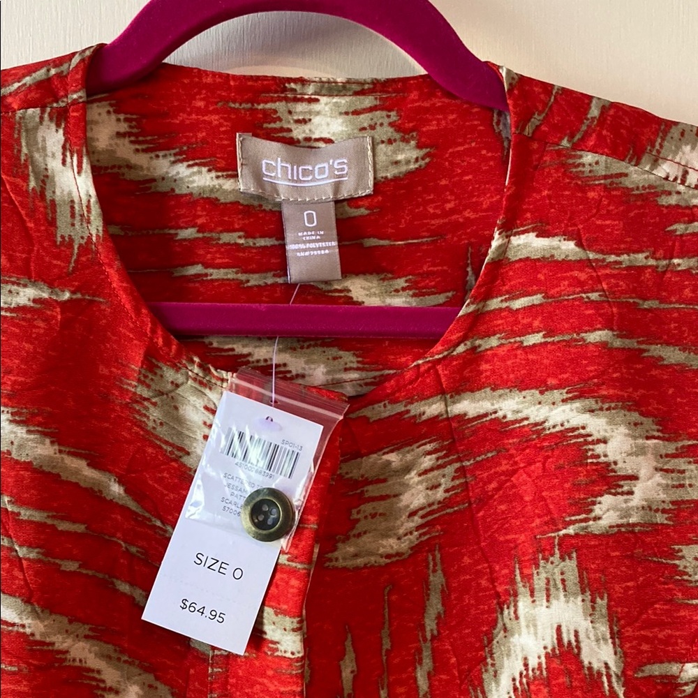 Chico's Red and White Feather Print Blazer - Picture 3 of 7